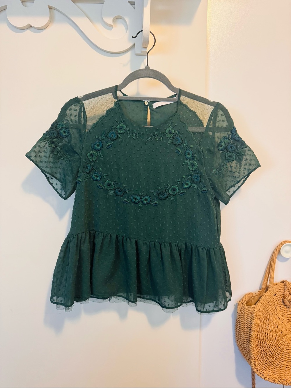 Zara Forest Green Floral Embroidered Peplum Top